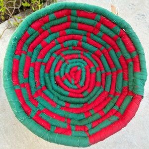 Vtg Christmas Red and Green Fabric Rag Basket. Farmhouse Country.